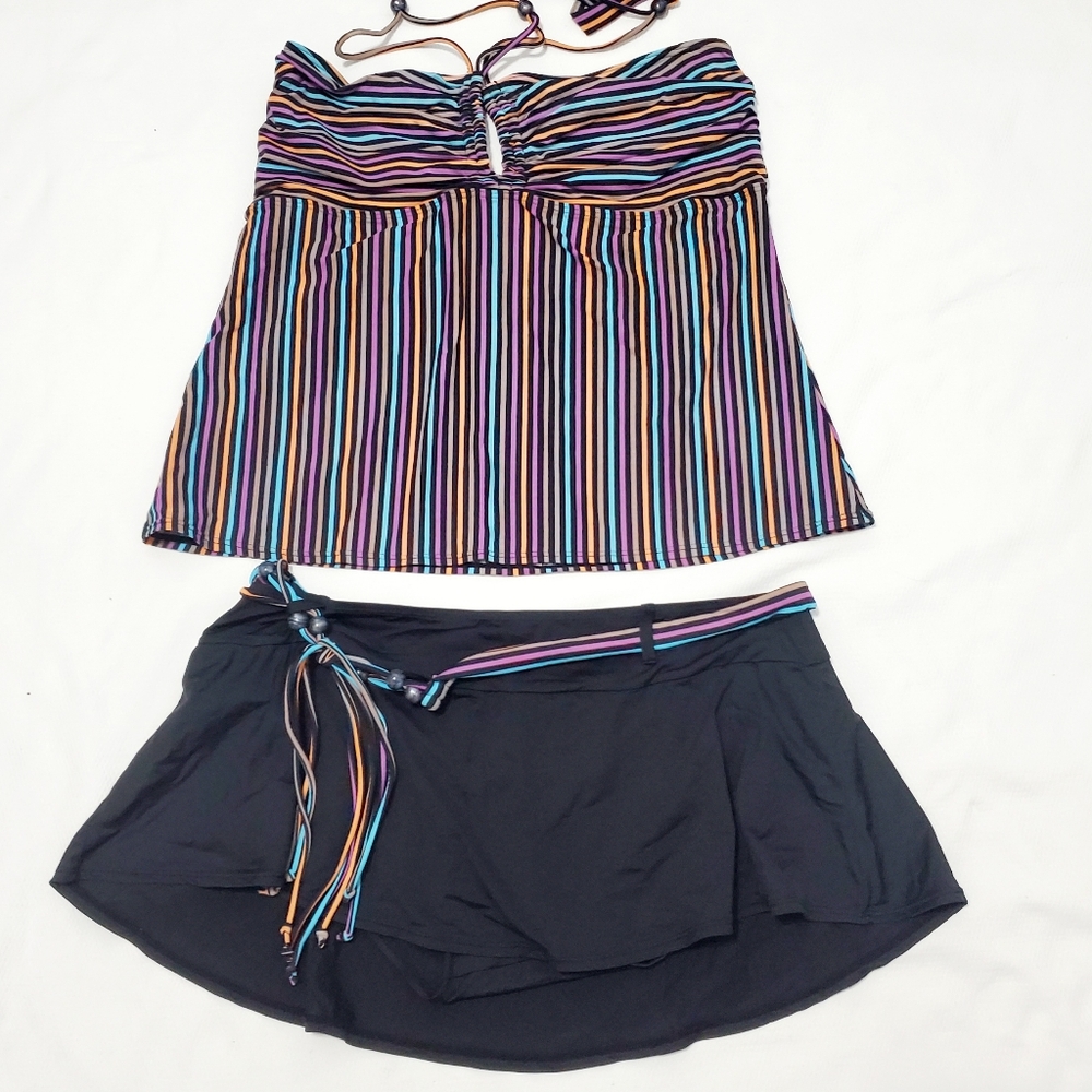 Coco Reef Striped Multicolor Tankini Top and Black Swim Skort Set XL